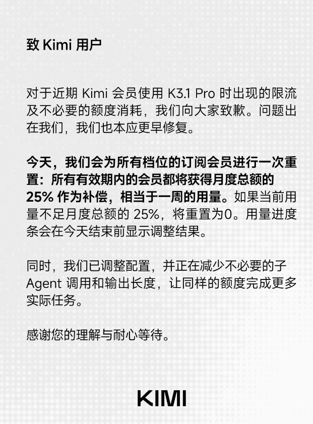 Kimi_致歉_K3.1_Pro_限流,会员补_25%_额度 图1 Kimi_致歉_K3.1_Pro_限流,会员补_25%_额度 图1